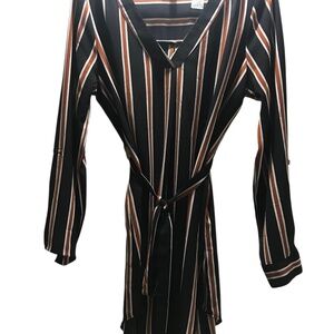 MINE Striped Long Sleeve Wrap Dress | Black Rust White Belted Midi